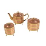 A VICTORIAN COPPER AND BRASS BANDED TEAPOT WITH TWO SIMILAR CADDIES EN SUITE,