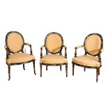 A SET OF THREE CARVED, PAINTED AND PARCEL GILTWOOD CHAIRS, IN GEORGE III STYLE,