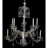 A FINE MOULDED AND CUT GLASS TEN LIGHT CHANDELIER, IN GEORGE III STYLE,