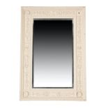 A CARVED AND CREAM PAINTED WOOD FRAMED WALL MIRROR, IN NEOCLASSICAL STYLE,
