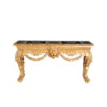 A CARVED GILTWOOD AND FAUX PIETRE DURE TOPPED CONSOLE TABLE, IN 18TH CENTURY TASTE,
