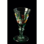 GERMAN GREEN AND POLYCHROME PAINTED DRINKING GLASS, 18TH CENTURY
