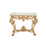 A CARVED AND GILTWOOD AND WHITE MARBLE MOUNTED CONSOLE TABLE, IN LOUIS XV STYLE,