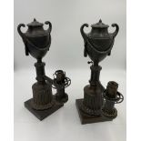 A PAIR OF GEORGE IV PATINATED BRONZE COLZA TABLE LAMPS,