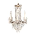 A GEORGE IV GILT METAL AND GLASS HUNG SIX LIGHT CHANDELIER,