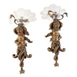 A PAIR OF GILT BRONZE AND GLASS FIGURAL WALL APPLIQUES,