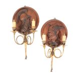 A PAIR OF WALNUT AND GILT METAL MOUNTED TWIN LIGHT WALL APPLIQUES,