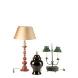 A JAPANNED METAL TWIN LIGHT BOUILLOTTE TABLE LAMP,
