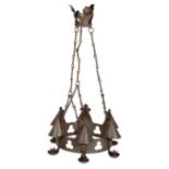 A WROUGHT IRON SIX LIGHT CHANDELIER, IN GOTHIC TASTE,