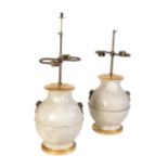 A PAIR OF CHINESE CRACKLEWARE" VASES CONVERTED TO TABLE LAMPS"