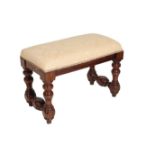 FOUR VARIOUS CARVED WOOD AND UPHOLSTERED STOOLS,