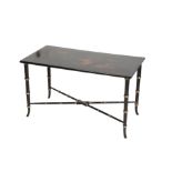 A LACQUERED AND EBONISED LOW OCCASIONAL TABLE,