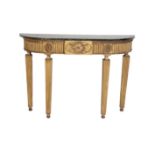 A DUTCH GILTWOOD AND COMPOSITION AND MARBLE TOPPED CONSOLE TABLE,