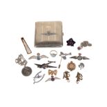 A COLLECTION OF SWEETHEART BROOCHES, BADGES, AND AN RAF CIGARETTE CASE