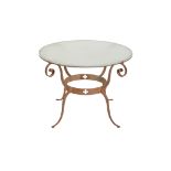 A FRENCH WROUGHT IRON AND FROSTED GLASS TOPPED OCCASIONAL TABLE