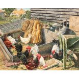 *BRYAN HANLON (B. 1956) Chickens in a farmyard with a robin looking on