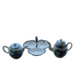 A CREAMWARE BLUE AND WHITE TEAPOT AND COVER,