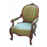 A FINE EARLY VICTORIAN CARVED WALNUT BALLOON BACK GENTLEMAN'S ARMCHAIR,