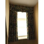 A SET OF CURTAINS IN TEAL WITH FLORAL PRINT,