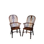 A NEAR PAIR OF GEORGE III YEW WOOD AND ELM WINDSOR ARMCHAIRS,