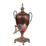 A LATE GEORGE III COPPER AND BRASS MOUNTED HOT WATER URN,