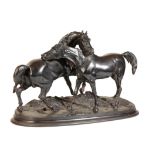 AFTER PIERRE-JULES MENE, (FRENCH 1810 - 1879), A VICTORIAN PATINATED CAST IRON GROUP OF TWO...