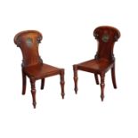 A PAIR OF LATE GEORGE III OR REGENCY SATINWOOD HALL CHAIRS, BY GILLOWS,