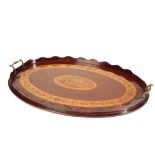 A MAHOGANY, SATINWOOD AND MARQUETRY OVAL TRAY IN GEORGE II I STYLE,