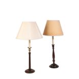 TWO STAINED MAHOGANY TABLE LAMPS IN THE STYLE OF GEORGE III CANDLESTICKS,