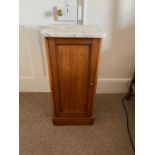 A VICTORIAN SATINWOOD AND MARBLE TOPPED BEDSIDE POT CUPBOARD, BY HOLLAND & SONS,