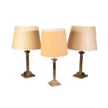 A PAIR OF BRASS COLUMNAR TABLE LAMPS,