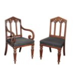 A SET OF FOUR VICTORIAN OAK SIDE CHAIRS, IN GOTHIC STYLE,