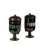 A PAIR OF VICTORIAN GLAZED CERAMIC CHARCOAL WATER FILTER URNS, BY SLACK & BROWNLOW OF MANCHESTER,