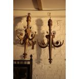 A PAIR OF CARVED, PAINTED, GILTWOOD AND COMPOSITION FOUR LIGHT CHANDELIERS,