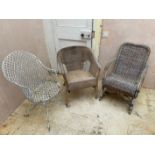 THREE VARIOUS WICKER CONSERVATORY OR GARDEN CHAIRS,