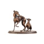 AFTER PIERRE-JULES MENE, (FRENCH 1810 - 1877), JIJI AND GISELLE, A PATINATED CAST IRON GROUP...