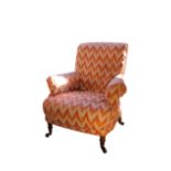 A PAIR OF VICTORIAN UPHOLSTERED ARMCHAIRS, BY HOWARD & SONS,