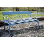A VICTORIAN BLUE PAINTED WROUGHT IRON GARDEN BENCH,