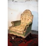 A LATE VICTORIAN WALNUT AND UPHOLSTERED ARMCHAIR IN QUEEN ANNE STYLE,