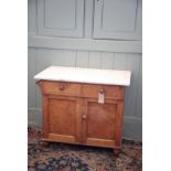 A LATE VICTORIAN OR EDWARDIAN BIRDSEYE MAPLE AND MARBLE TOPPED WASH STAND,