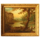 ENGLISH SCHOOL, 19TH CENTURY An extensive river landscape with anglers to the foreground,