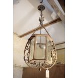A VICTORIAN WROUGHT IRON AND GLAZED CEILING LANTERN,