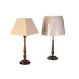 TWO SIMILAR TURNED AND STAINED MAHOGANY TABLE LAMPS, IN GEORGE III STYLE,