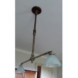 A VICTORIAN BRASS AND GLASS FITTED TWIN LIGHT GASOLIER,