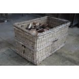 A LARGE WICKER AND SOFTWOOD BANDED LOG BIN,