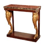 A REGENCY ROSEWOOD, CARVED AND GILTWOOD AND MARBLE TOPPED CONSOLE TABLE,