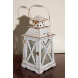 A PAINTED WOOD AND SHEET METAL TABLE LANTERN,