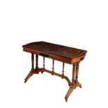 A VICTORIAN MAHOGANY, PART EBONISED AND LEATHER INSET CARD TABLE, IN AESTHETIC STYLE, BY LAMB...
