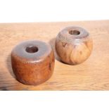 TWO SIMILAR LIGNUM VITAE HORSE TETHERING WEIGHTS,