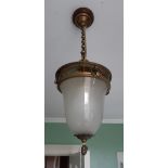 A BRASS AND OPAQUE GLASS CEILING LANTERN,